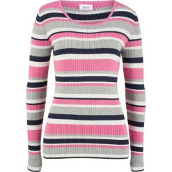 Sweter z okrągłym dekoltem bonprix matowy różowy w paski. Czerwone swetry klasyczne damskie bonprix, z okrągłym kołnierzem. Za 74,99 zł.