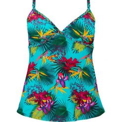 Top plażowy tankini bonprix turkusowo-żółty z nadrukiem. Niebieskie stroje kąpielowe damskie bonprix, z nadrukiem, z dekoltem w serek. Za 54,99 zł.
