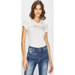 Guess Jeans - Top. Niebieskie bluzki damskie Guess Jeans, s, z aplikacjami, z elastanu, bez kołnierzyka. Za 169,90 zł.