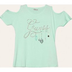 Guess Jeans - T-shirt dziecięcy 118-175 cm. Zielone bluzki dziewczęce Guess Jeans, z aplikacjami, z elastanu, z okrągłym kołnierzem, z krótkim rękawem, krótkie, bez kaptura. Za 139,90 zł.