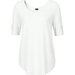 Shirt bonprix biel wełny. Białe koszulki damskie marki bonprix, bez wzorów, z wełny, bez kołnierzyka, bez rękawów. Za 34,99 zł.