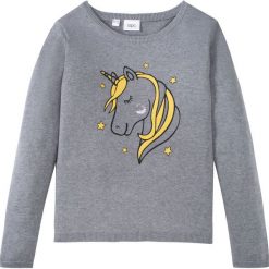 Sweter dzianinowy z bawełny, z motywem jednorożca bonprix jasnoszary melanż. Szare swetry dziewczęce bonprix, z aplikacjami, z bawełny, z okrągłym kołnierzem, bez rękawów, długie, bez kaptura. Za 54,99 zł.