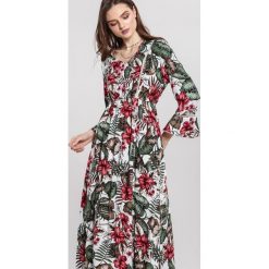 Biała Sukienka Affluent. Białe sukienki damskie other, s, w kwiaty, eleganckie, z okrągłym kołnierzem, bez rękawów, maxi, dopasowane. Za 89,99 zł.