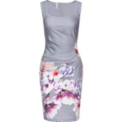 Sukienka w kwiaty bonprix szaro-lila-jasnoróżowy w kwiaty. Szare sukienki damskie bonprix, w kwiaty, z neoprenu, eleganckie, bez kołnierzyka, bez rękawów. Za 149,99 zł.