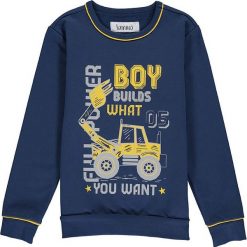 Bluza w kolorze granatowym. Niebieskie bluzy niemowlęce lamino, z nadrukiem, z dresówki, bez rękawów, bez kaptura. W wyprzedaży za 61,95 zł.