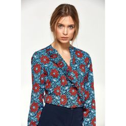 Bluzka z asymetrycznymi falbanami - kwiaty. Bluzki damskie NIFE, xl, w kwiaty, z poliesteru, eleganckie, z asymetrycznym kołnierzem, z długim rękawem. Za 139,00 zł.