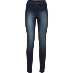 Dżinsy SKINNY z wysoką talią i kontrastowymi paskami bonprix ciemny denim. Niebieskie jeansy damskie marki bonprix, w paski, z denimu. Za 74,99 zł.