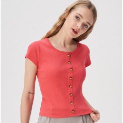 T-shirt z guzikami - Pomarańczo. Szare t-shirty damskie Sinsay, s, bez wzorów, bez kołnierzyka. Za 24,99 zł.