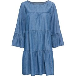 Sukienka z materiału w optyce dżinsu bonprix niebieski bleached. Niebieskie sukienki damskie bonprix, bez wzorów, eleganckie, z okrągłym kołnierzem, bez rękawów, sportowe. Za 149,99 zł.