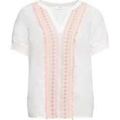 Tunika z haftem, krótki rękaw bonprix biel wełny - stary jasnoróżowy. Białe tuniki damskie bonprix, na co dzień, z haftami, z wełny, eleganckie, z dekoltem w serek, z krótkim rękawem. Za 37,99 zł.