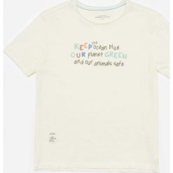 Bawełniany t-shirt z napisem - Kremowy. Białe t-shirty damskie Reserved, z napisami, z bawełny, bez kołnierzyka. Za 19,99 zł.