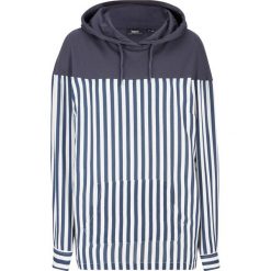 Bluzka z dresową wstawką bonprix ciemnoniebiesko-biały w paski. Niebieskie bluzki damskie bonprix, w paski, z dresówki, bez rękawów, bez kaptura. Za 79,99 zł.