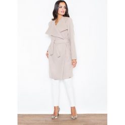 Beżowy Elegancki Płaszcz Oversize Przewiązany Paskiem. Brązowe kurtki damskie Molly.pl, na zimę, s, w paski, eleganckie, długie. Za 239,90 zł.