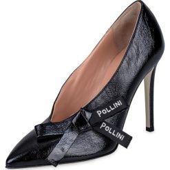 Szpilki Pollini. Czarne szpilki Pollini, z napisami, z lakierowanej skóry, bez obcasa, na szpilce, bez zapięcia. Za 1400,00 zł.
