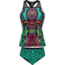 Tankini (2 części) bonprix czarno-zielony w cętki leoparda. Czarne stroje kąpielowe damskie marki bonprix, z nadrukiem. Za 99,99 zł.