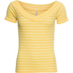 Shirt z dekoltem carmen bonprix żółty kanarkowy - biały w paski. Żółte koszulki damskie bonprix, w paski, z dekoltem w serek. Za 59,99 zł.
