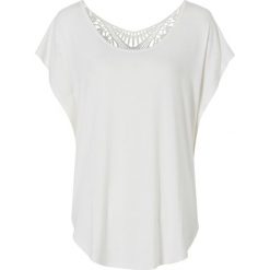 Shirt z dżerseju bonprix biel wełny. Białe koszulki damskie bonprix, w koronkowe wzory, z wełny, bez kołnierzyka. Za 79,99 zł.
