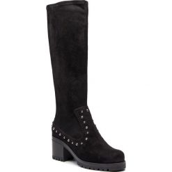 Kozaki UNISA - Grazia St Black. Czarne kozaki damskie Unisa, ze skóry, przed kolano, na wysokim obcasie, na obcasie, bez zapięcia. W wyprzedaży za 289,00 zł.