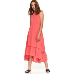 Sukienka na ramiączkach z falbaną. Czerwone sukienki damskie Top Secret, na lato, bez wzorów, z tkaniny, eleganckie, z falbankami, z długim rękawem, długie, maxi, asymetryczne. W wyprzedaży za 69,99 zł.