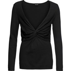 Sweter z gładkiej dzianiny z ozdobnym przewiązaniem bonprix czarny. Czarne swetry klasyczne damskie bonprix, z dzianiny, z dekoltem w serek. Za 59,99 zł.