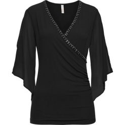 Shirt z połyskującymi kamieniami bonprix czarny. Czarne koszulki damskie bonprix, bez wzorów, bez kołnierzyka, bez rękawów. Za 89,99 zł.