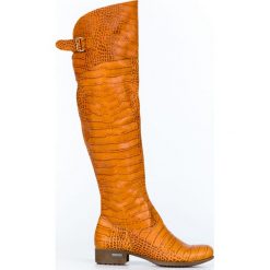 Płaskie kozaki za kolano - skóra naturalna - model 128 - kolor brązowy przypalany. Pomarańczowe kozaki damskie Zapato, na co dzień, na zimę, z jeansu, eleganckie, przed kolano, na wysokim obcasie, na obcasie, bez zapięcia. W wyprzedaży za 367,50 zł.