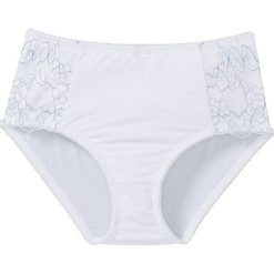 Figi wyszczuplające bonprix biało-jasnoniebieski. Białe figi damskie marki bonprix, w koronkowe wzory, z materiału. Za 34,99 zł.