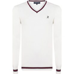 Sweter w kolorze białym. Białe swetry męskie Giorgio di Mare, s, z haftami, z bawełny, bez kołnierzyka, bez kaptura. W wyprzedaży za 139,95 zł.