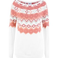 Sweter wzorzysty bonprix biel wełny wzorzysty. Białe swetry klasyczne damskie marki bonprix, z wełny. Za 74,99 zł.