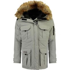 Kurtka zimowa w kolorze jasnoszarym. Szare płaszcze męskie Canadian Peak, na zimę, m, z aplikacjami, bez kaptura. W wyprzedaży za 429,95 zł.
