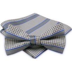 Szara Męska Mucha - ALTIES - z Taką Samą Poszetką, w Drobną Kratkę, Paski, Popielata MUALTStania0325. Szare muszki męskie Alties, na imprezę, w paski, eleganckie. W wyprzedaży za 29,00 zł.