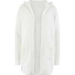 Sweter bez zapięcia z kapturem bonprix biel wełny. Białe swetry damskie bonprix, bez wzorów, z wełny, bez rękawów, z kapturem. Za 49,99 zł.