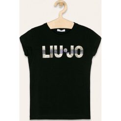 Liu Jo - T-shirt dziecięcy 128/140-164/170 cm. Niebieskie bluzki dziewczęce Liu Jo, z nadrukiem, z dzianiny, z okrągłym kołnierzem, z krótkim rękawem, krótkie, bez kaptura. W wyprzedaży za 159,90 zł.