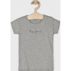 Pepe Jeans - Top dziecięcy 104-122 cm. Szare bluzki dziewczęce Pepe Jeans, z nadrukiem, z elastanu, z okrągłym kołnierzem, z krótkim rękawem, krótkie, bez kaptura. Za 59,90 zł.