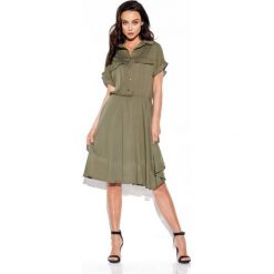 Koszulowa sukienka z kołnierzykiem i guzikami khaki. Brązowe sukienki damskie Lemoniade, na co dzień, s, bez wzorów, eleganckie, z klasycznym kołnierzykiem, bez rękawów, koszulowe. Za 199,90 zł.