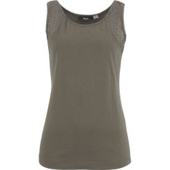 Top shirtowy z koronką bonprix ciemnooliwkowy. Zielone bluzki damskie bonprix, w koronkowe wzory, z koronki, bez kołnierzyka, bez rękawów. Za 21,99 zł.