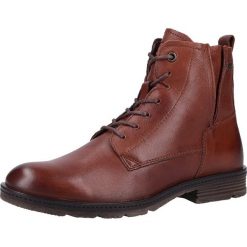 Skórzane botki w kolorze brązowym. Pomarańczowe botki damskie Tom Tailor, Mustang, Bugatti, Camel Active, Lloyd, bez obcasa, na sznurówki. W wyprzedaży za 359,95 zł.