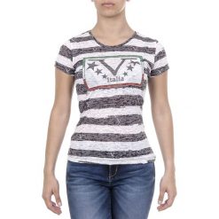 T-shirt w kolorze biało-czarnym. Czarne t-shirty damskie V Italia by Versace, xs, w paski, z bawełny, z okrągłym kołnierzem. W wyprzedaży za 239,95 zł.