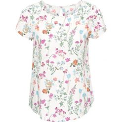 Bluzka, krótki rękaw bonprix biel wełny w kwiaty. Białe bluzki damskie bonprix, w kwiaty, z wełny, bez kołnierzyka, z krótkim rękawem. Za 54,99 zł.