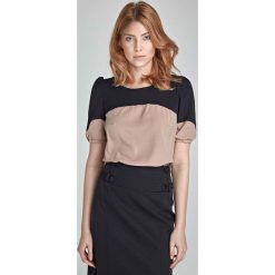 Beżowo-Czarna Elegancka Bluzka z Krótkim Rękawem. Czarne podkoszulki damskie Molly.pl, s, bez wzorów, z materiału, eleganckie, z kontrastowym kołnierzykiem, z krótkim rękawem. Za 95,00 zł.