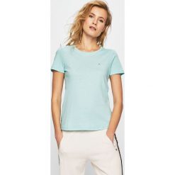 Tommy Jeans - Top. Niebieskie bluzki damskie Tommy Jeans, s, bez wzorów, z bawełny, z okrągłym kołnierzem. W wyprzedaży za 59,90 zł.