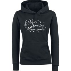 Where Words Fail, Music Speaks! Bluza z kapturem damska czarny. Czarne bluzy damskie z kieszeniami marki Where Words Fail, Music Speaks!, l, z nadrukiem, z kapturem. Za 79,90 zł.