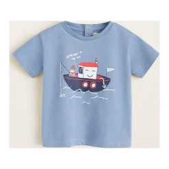 Mango Kids - T-shirt dziecięcy Boat 80-104 cm. Niebieskie t-shirty chłopięce Mango Kids, z nadrukiem, z bawełny, bez rękawów. Za 29,90 zł.