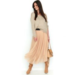 Spódnica tiulowa plisowana beżowa. Brązowe spódniczki damskie e-margeritka.pl, s, bez wzorów, z tkaniny, eleganckie, długie, mini, dopasowane. Za 178,99 zł.