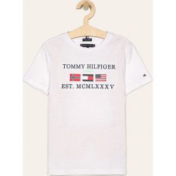 Tommy Hilfiger - T-shirt dziecięcy 128-176 cm. Białe t-shirty chłopięce TOMMY HILFIGER, z nadrukiem, z bawełny, bez rękawów. Za 139,90 zł.