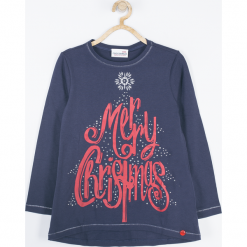 Koszulka. Czerwone bluzki dziewczęce bawełniane Merry Christmas, z napisami, z klasycznym kołnierzykiem, z długim rękawem. Za 69,90 zł.