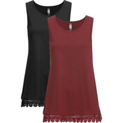 Top z koronką (2 szt.) bonprix czarno-czerwony rubinowy. Czarne bluzki damskie bonprix, w koronkowe wzory, z koronki, bez kołnierzyka. Za 75,98 zł.