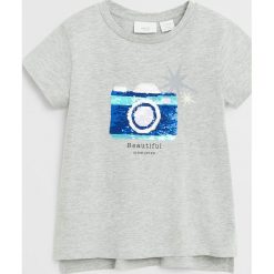 Mango Kids - T-shirt dziecięcy Lolly6 110-164 cm. Szare bluzki dziewczęce Mango Kids, z nadrukiem, z bawełny, z okrągłym kołnierzem, z krótkim rękawem, krótkie, bez kaptura. Za 45,90 zł.