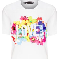 T-shirt LOVE MOSCHINO. Białe bluzki damskie Love Moschino, z nadrukiem, z bawełny, z okrągłym kołnierzem, bez rękawów. W wyprzedaży za 260,00 zł.