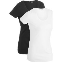 Długi shirt sportowy (2 szt.), krótki rękaw bonprix czarno-biały z nadrukiem. Czarne bluzki sportowe damskie bonprix, z nadrukiem, bez kołnierzyka, z długim rękawem, długie, bez kaptura. Za 49,98 zł.